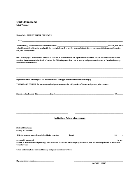 Quitclaim Deed for Joint Tenancy, Cleveland County form, first page
