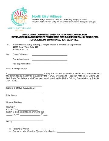 First page of the Affidavit of Compliance with Roof to Wall Connection