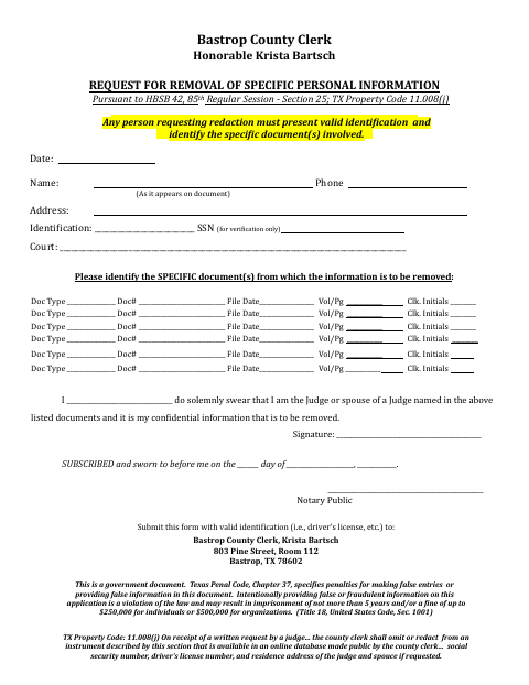 Request For Removal Of Specific Personal Information, Bastrop County form, first page