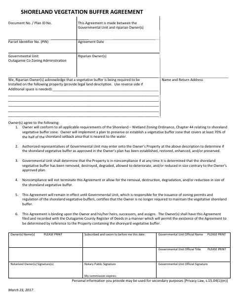 Shoreland Vegetation Buffer Agreement, Outagamie County form, first page