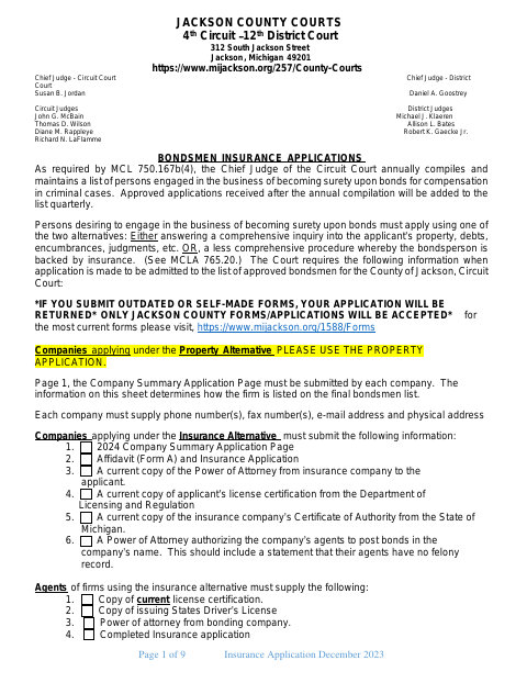 Bondsmen Insurance Application, Jackson County form, first page