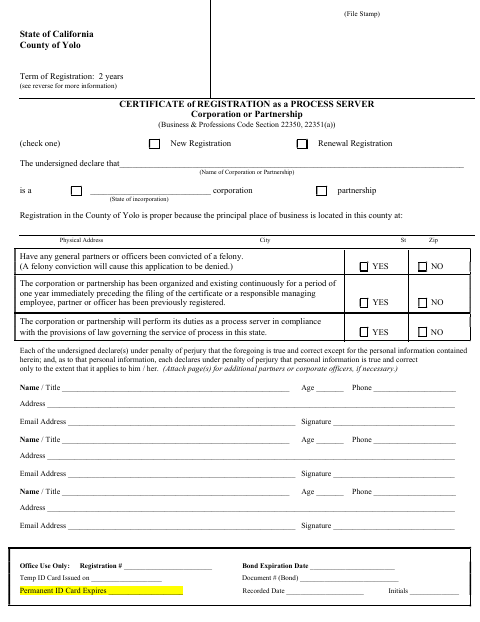 First page of the Process Server Corporation or Partnership Registration