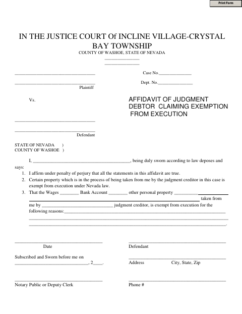 Affidavit of Judgment Debtor Claiming Exemption From Execution, Washoe County form, first page