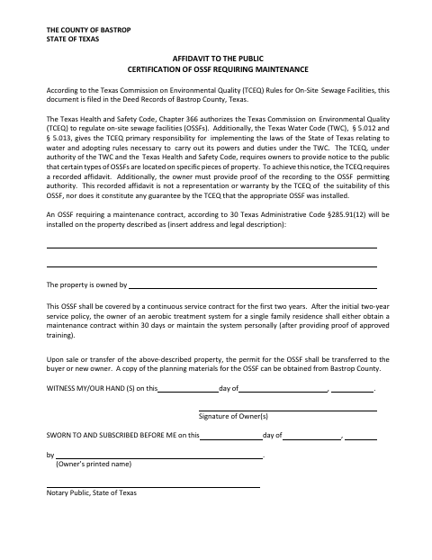 Affidavit to the Public: Certification of OSSF Requiring Maintenance, Bastrop County form, first page