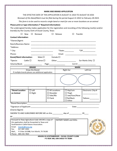 Mark and Brand Application, Duval County form, first page