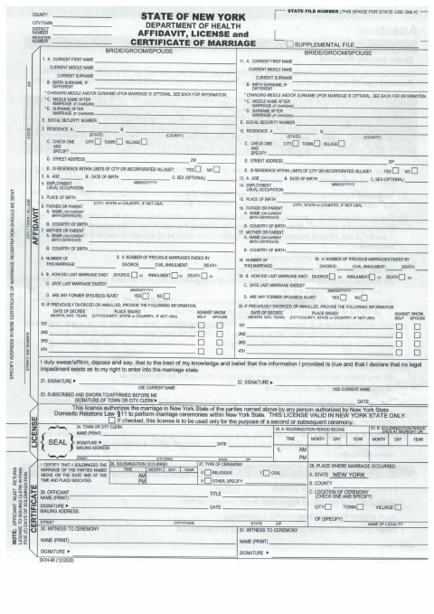 First page of the Affidavit, License and Certificate of Marriage