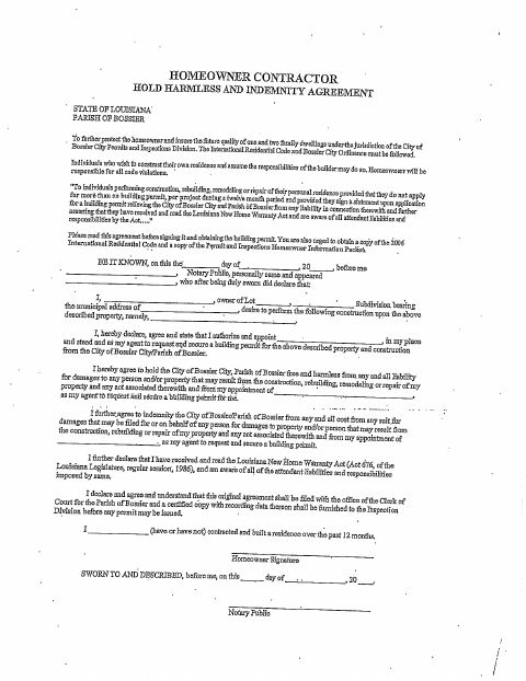 First page of the Homeowner Contractor Hold Harmless and Indemnity Agreement
