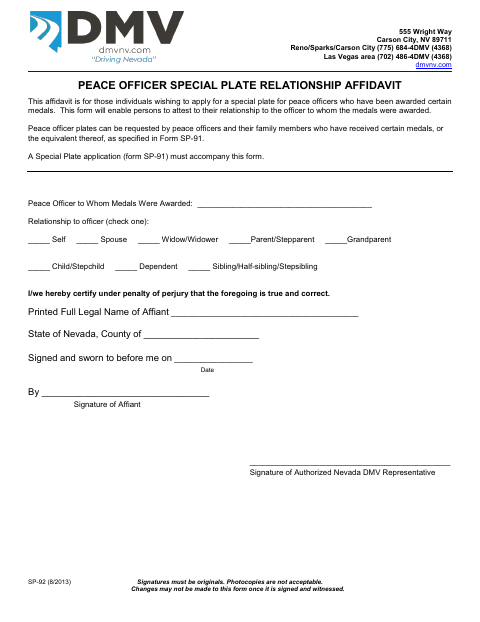 SP-92 Peace Officer Special Plate Relationship Affidavit first page