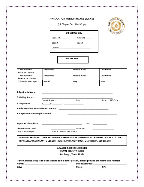 First page of the Application for Marriage License