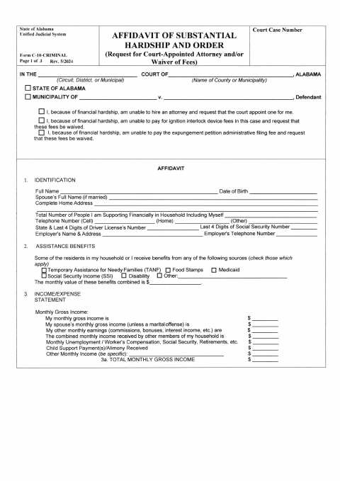 First page of the Affidavit of Substantial Hardship and Order