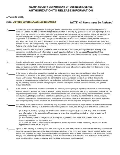 Authorization to Release Information, Clark County form, first page