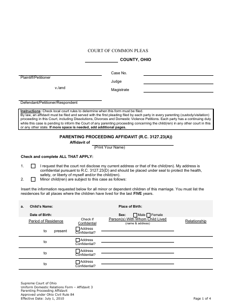 Parenting Proceeding Affidavit, Defiance County form, first page