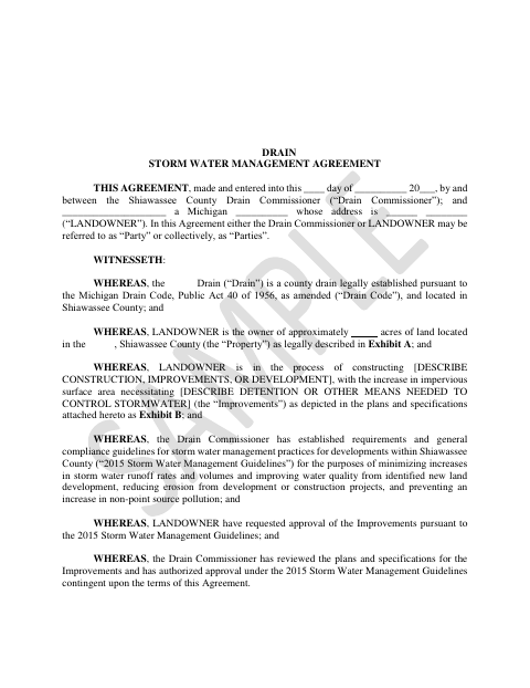 Drain Storm Water Management Agreement, Shiawassee County form, first page