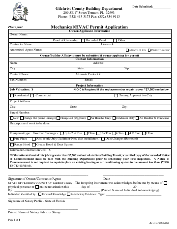 Mechanical/HVAC Permit Application — Gilchrist County form, first page
