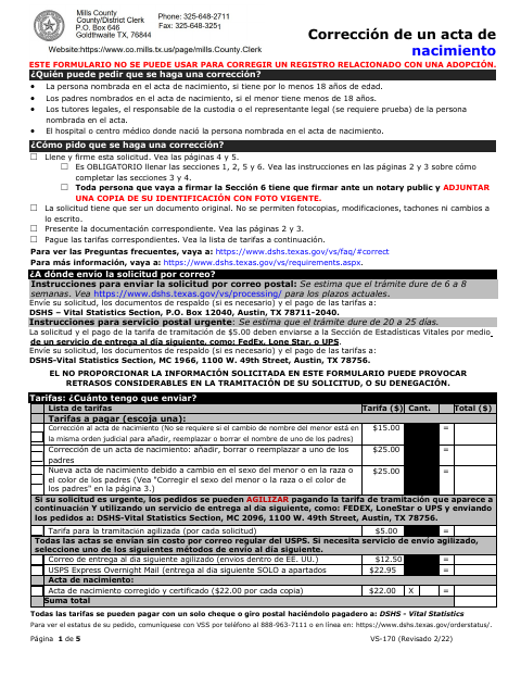 Corrección De Un Acta De Nacimiento, Mills County form, first page