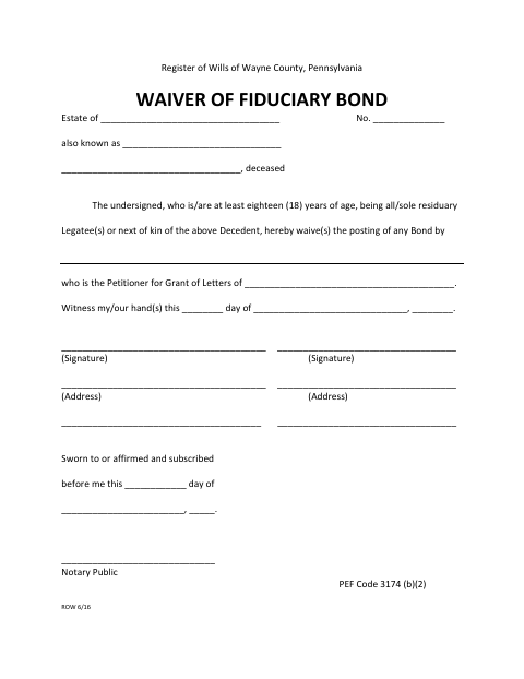 Waiver of Fiduciary Bond, Wayne County form, first page
