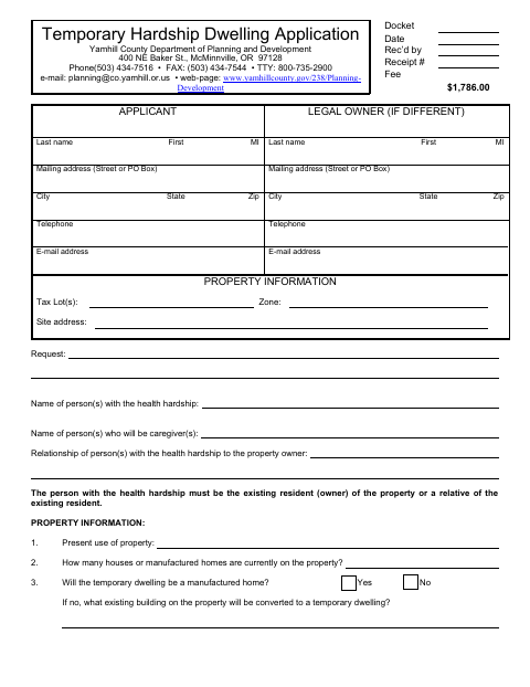 Temporary Hardship Dwelling Application, Yamhill County form, first page