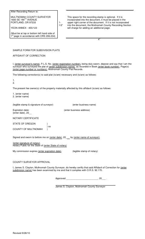 Affidavit of Correction for Subdivision Plats, Multnomah County form, first page