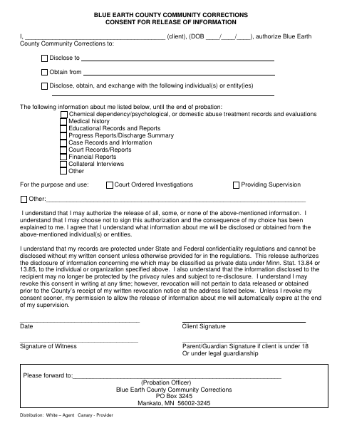 First page of the Consent for Release of Information