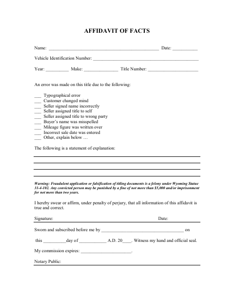 Affidavit of Facts, Sublette County form, first page