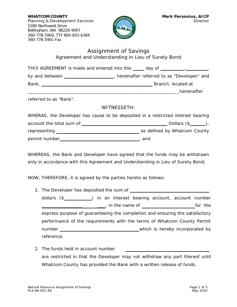 Assignment of Savings Agreement and Understanding in Lieu of Surety Bond, Whatcom County form, first page