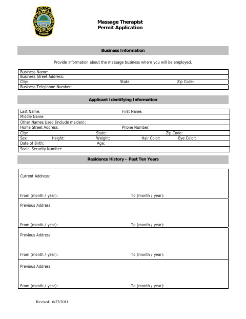 Massage Therapist Permit Application, City of Colonial Heights form, first page
