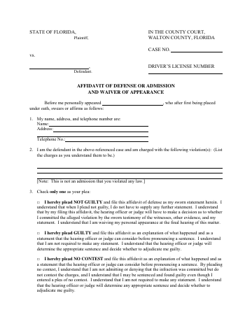 Affidavit Of Defense — Walton County form, first page