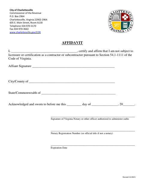 Affidavit for Contractors, City of Charlottesville form, first page