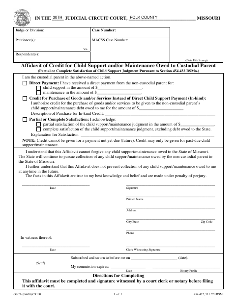 Affidavit of Credit for Child Support and Maintenance, Polk County form, first page