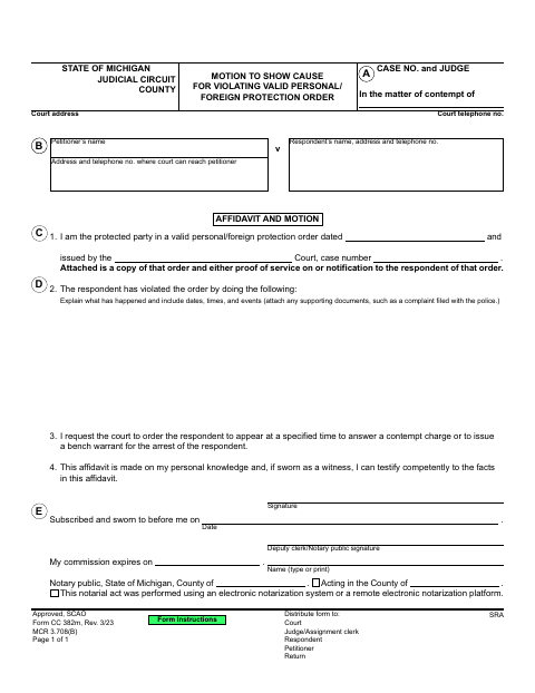 Motion and Order to Show Cause for Violating Valid Personal/Foreign Protection Order, Oakland County form, first page