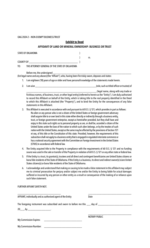 Affidavit of Land or Mineral Ownership: Business or Trust, Grady County form, first page