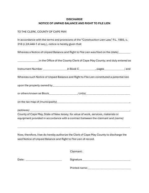 Discharge Notice of Unpaid Balance and Right to File Lien, Cape May County form, first page