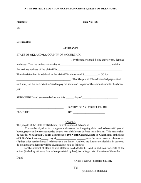 Affidavit, McCurtain County form, first page