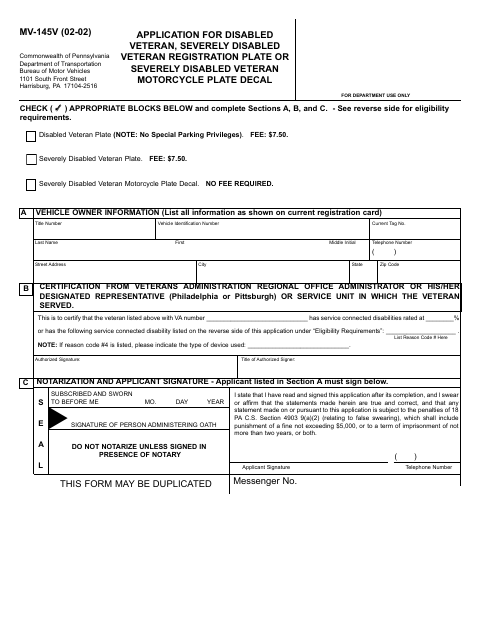 Application for Disabled Veteran Registration Plate or Motorcycle Plate Decal, Westmoreland County form, first page