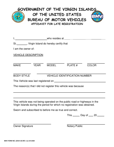 Affidavit for Late Registration (BMV Form 2019-14) first page