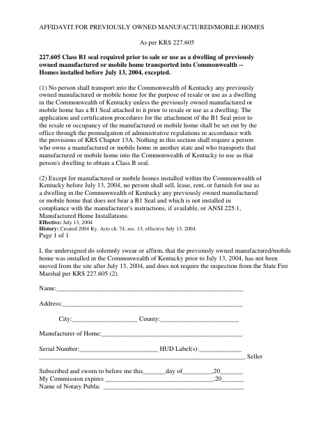 Affidavit for Previously Owned Manufactured or Mobile Homes, Owsley County form, first page