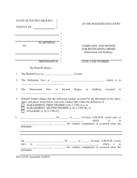 Complaint and Motion for Restraining Order for Harassment and Stalking, Spartanburg County form, first page