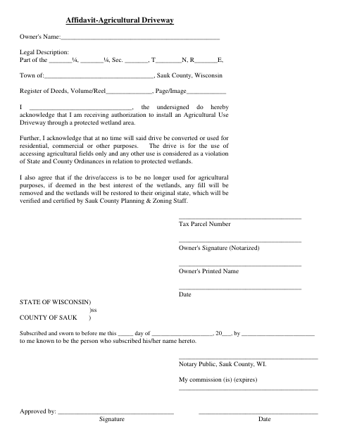 Agricultural Driveway Through Wetlands Affidavit, Sauk County form, first page