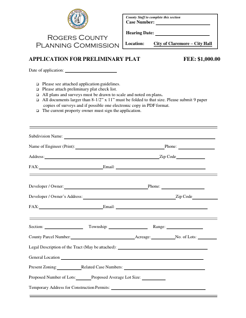 Application For Preliminary Plat, Rogers County form, first page