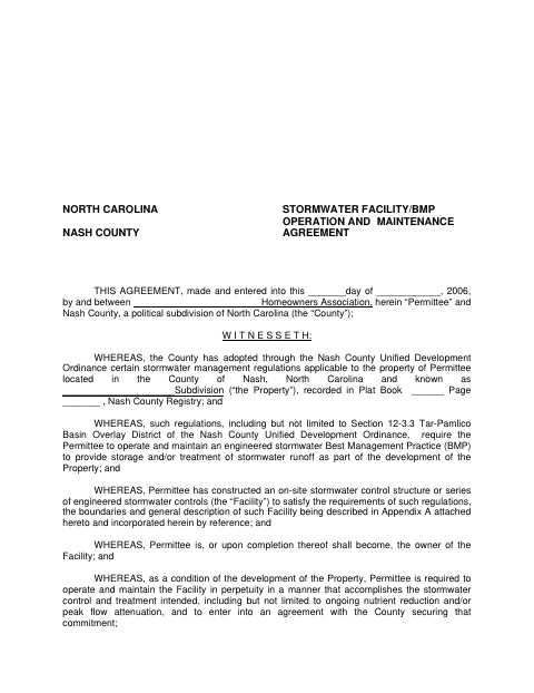 Stormwater Facility/BMP Operation and Maintenance Agreement, Nash County form, first page