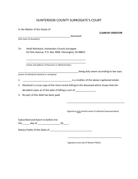 Claim by Creditor, Hunterdon County form, first page