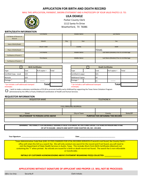 Application for Birth and Death Record, Parker County form, first page