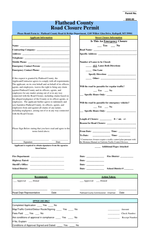 First page of the Road Closure Permit