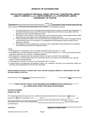 AFFIDAVIT OF AUTHORIZATION — Lee County form, first page