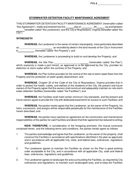 Stormwater Detention Facility Maintenance Agreement, City of Waynesboro form, first page