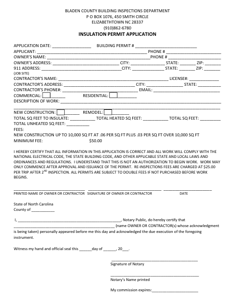 Insulation Permit Application, Bladen County form, first page