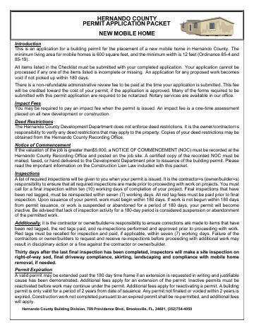 new-mobile-home-building-permit-application. ... — Hernando County form, first page