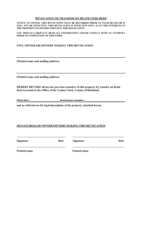 Revocation of Transfer on Death Deed, Rockland County form, first page