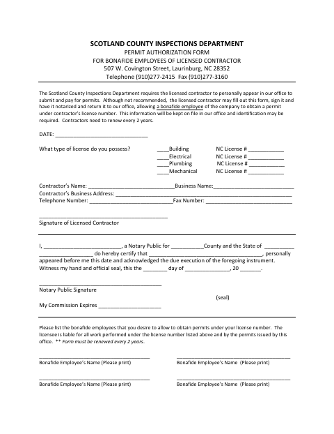 Permit Authorization Form for Licensed Contractor Employees, Scotland County form, first page