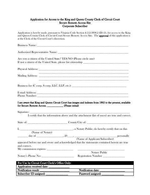 Application for Secure Remote Access, King and Queen County form, first page